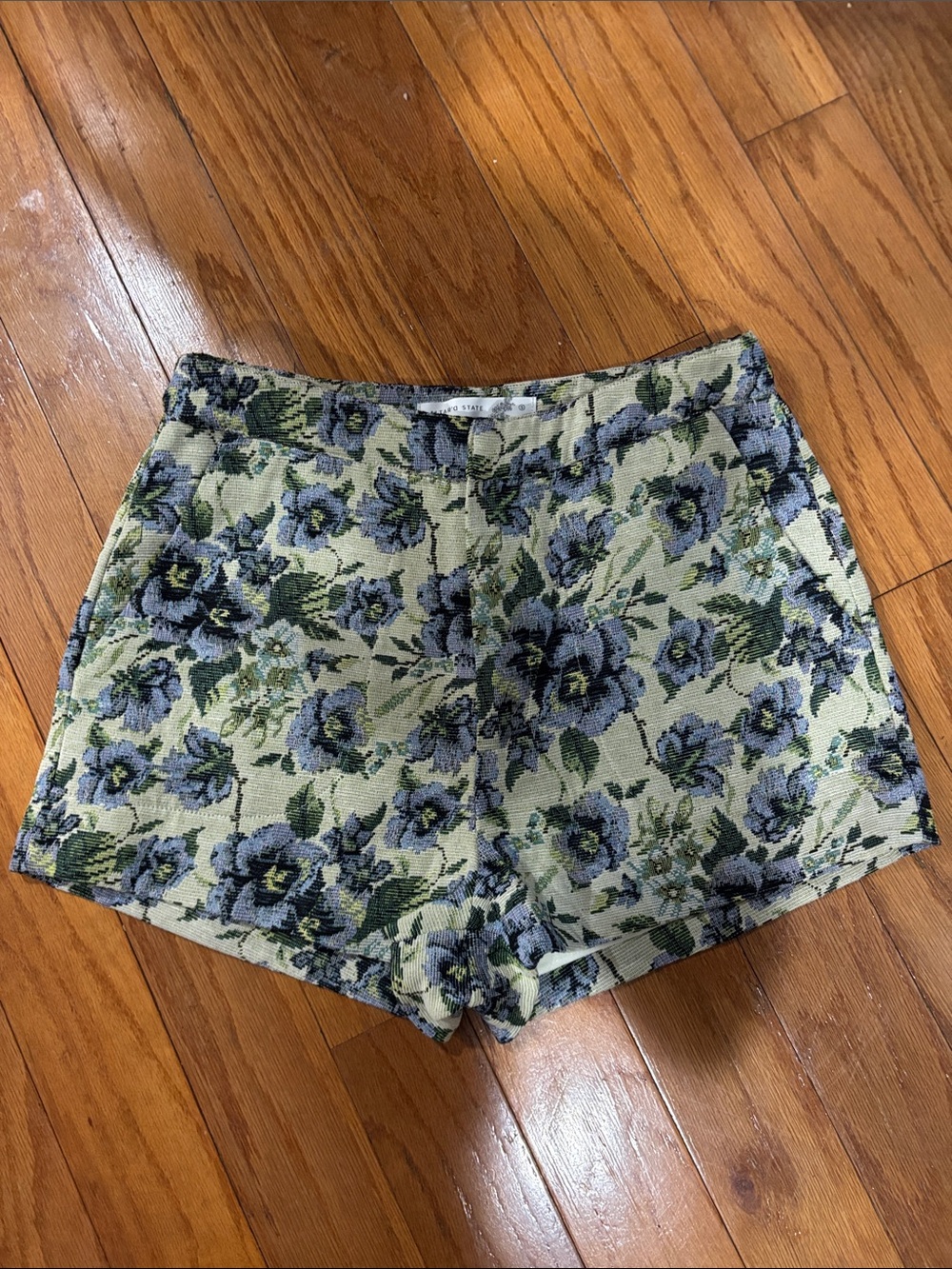 Altar'd State Floral Jacquard High-Waist Shorts in Sage and Blue